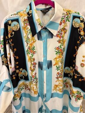 Beulah White, Black & Light Blue Floral-Print Men's Button-Down Shirt